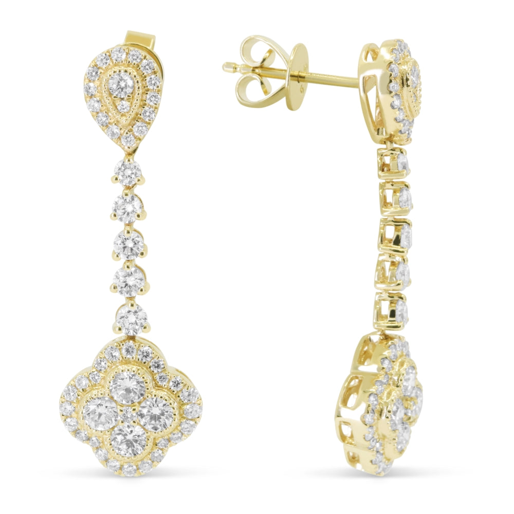 Beautiful Hand Crafted 14K Yellow Gold White Diamond Milano Collection Drop Dangle Earrings With A Push Back Closure