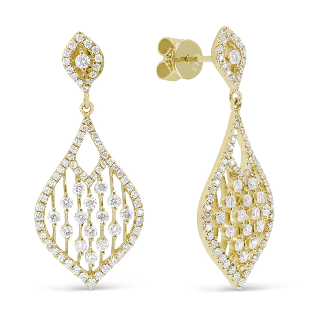 Beautiful Hand Crafted 14K Yellow Gold White Diamond Milano Collection Drop Dangle Earrings With A Push Back Closure