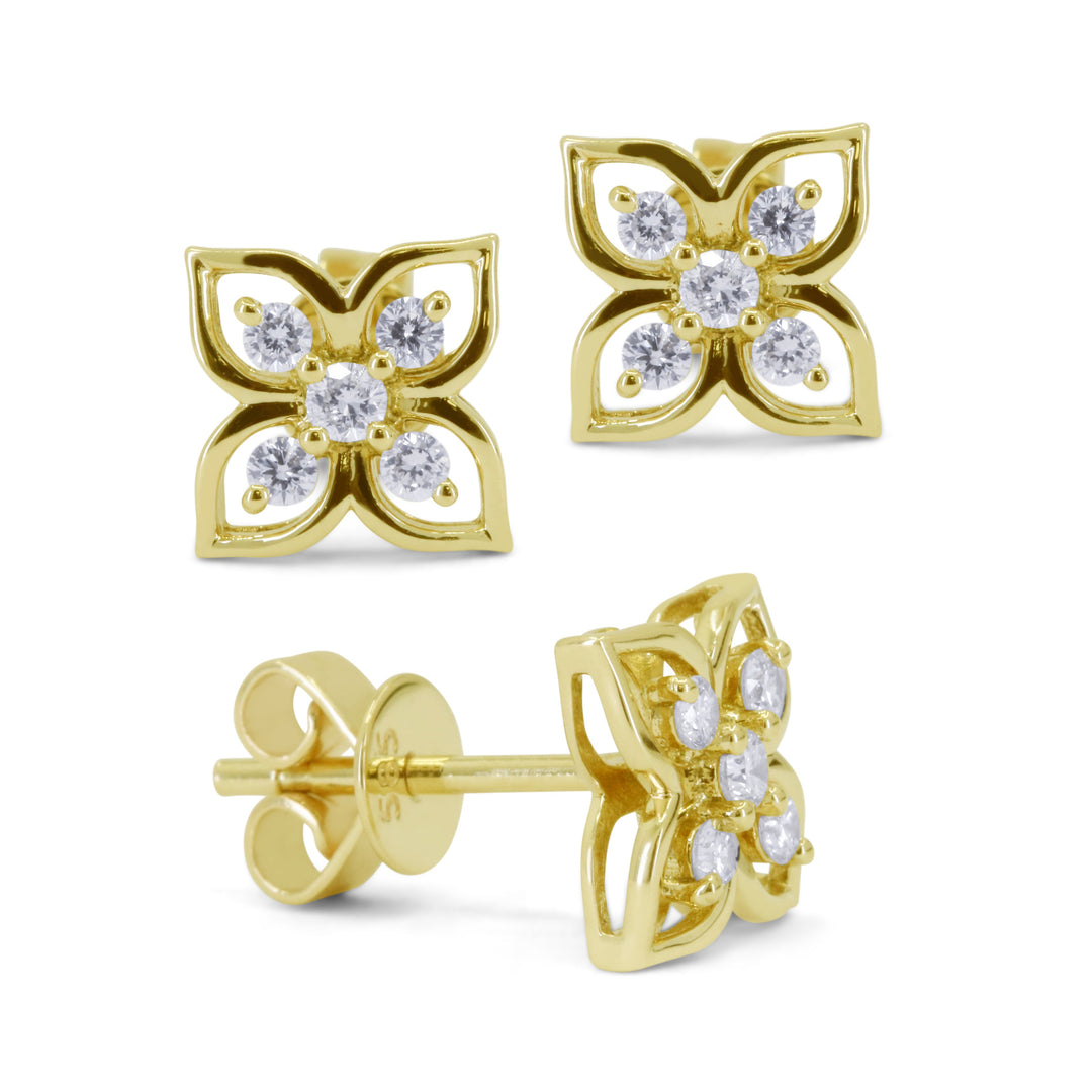 Beautiful Hand Crafted 14K Yellow Gold White Diamond Milano Collection Stud Earrings With A Push Back Closure