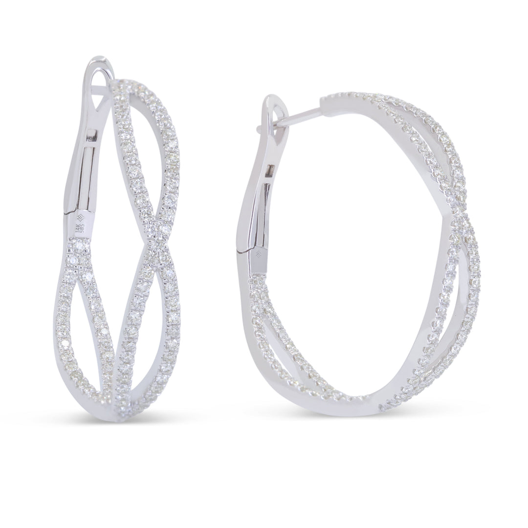 Beautiful Hand Crafted 14K White Gold White Diamond Milano Collection Hoop Earrings With A Hoop Closure