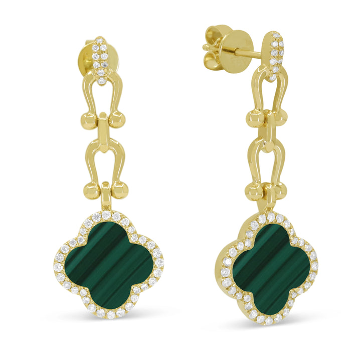 Beautiful Hand Crafted 14K Yellow Gold 10MM Malachite And Diamond Milano Collection Drop Dangle Earrings With A Push Back Closure
