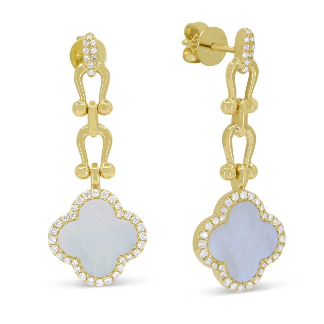 Beautiful Hand Crafted 14K Yellow Gold 10MM Mother Of Pearl And Diamond Milano Collection Drop Dangle Earrings With A Push Back Closure