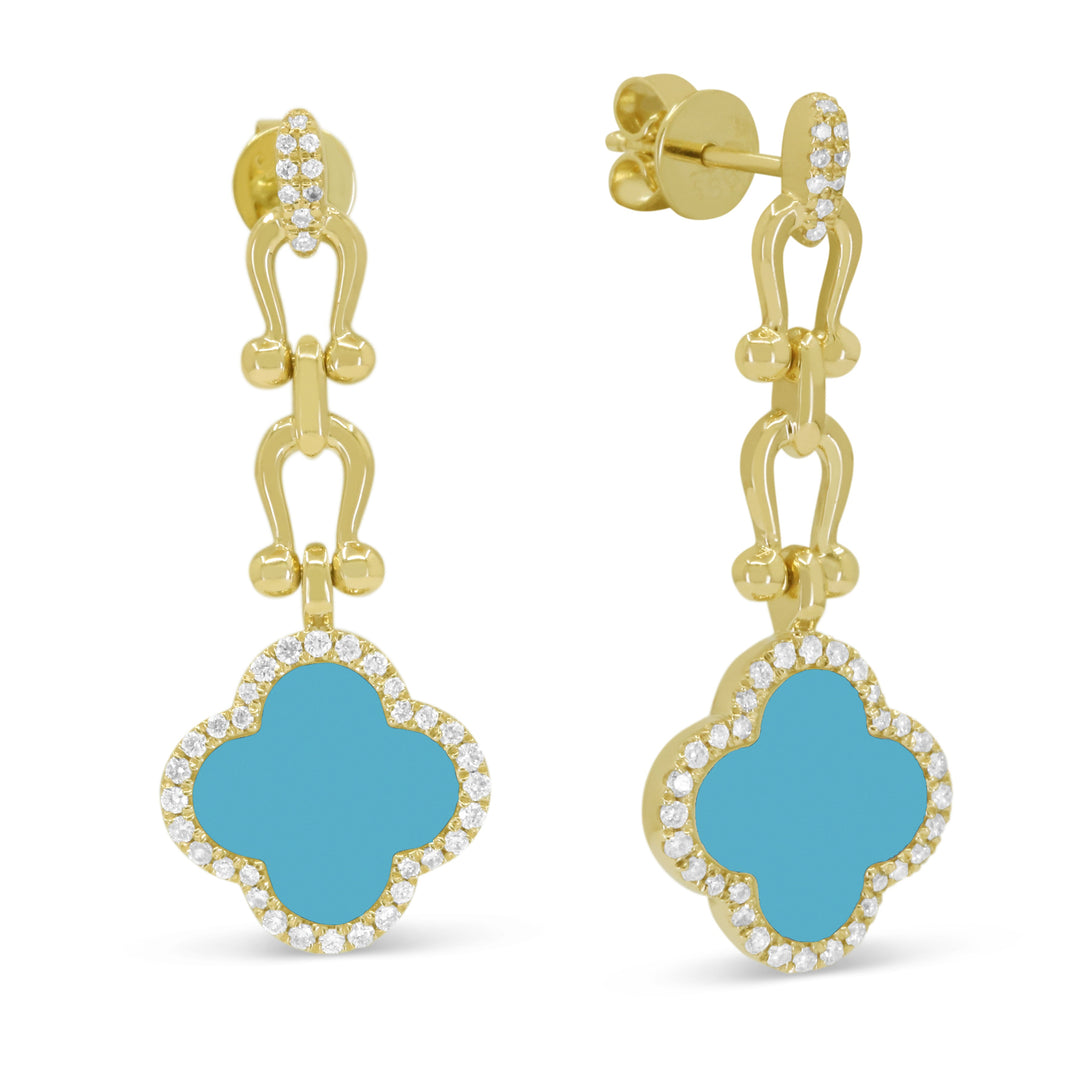 Beautiful Hand Crafted 14K Yellow Gold 10MM Turquoise And Diamond Milano Collection Drop Dangle Earrings With A Push Back Closure
