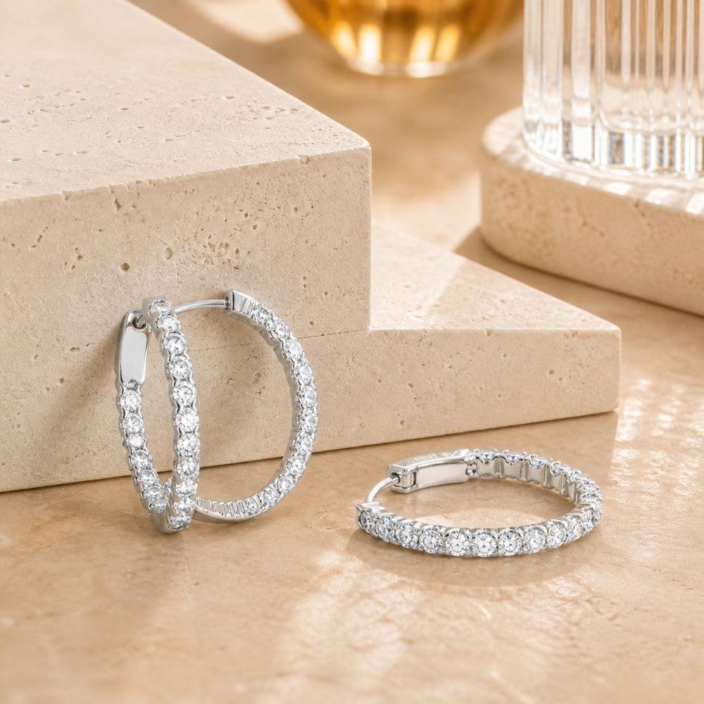 E1822 - 14K Gold Diamond In & Out Hoop Earrings - style E1822W-1.65CT