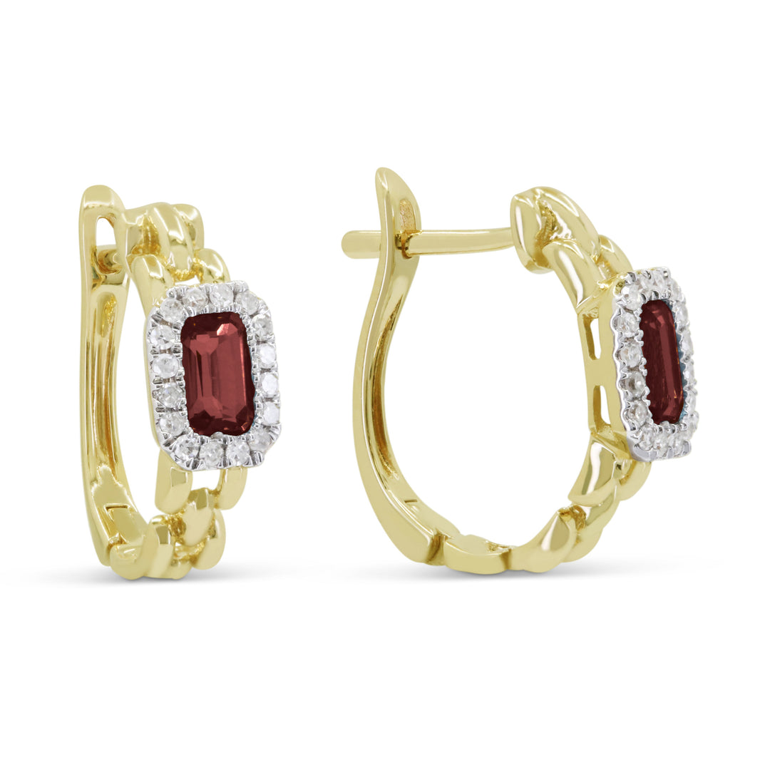 Beautiful Hand Crafted 14K Yellow Gold 3X5MM Garnet And Diamond Essentials Collection Hoop Earrings With A retail-facing