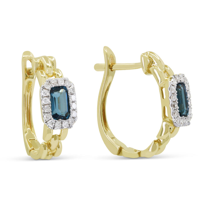 Beautiful Hand Crafted 14K Yellow Gold 3X5MM London Blue Topaz And Diamond Essentials Collection Hoop Earrings With A Hoop Closure