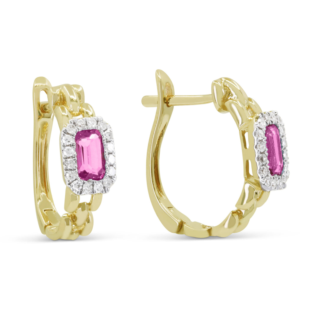 Beautiful Hand Crafted 14K Yellow Gold 3X5MM Created Pink Sapphire And Diamond Essentials Collection Hoop Earrings With A retail-facing