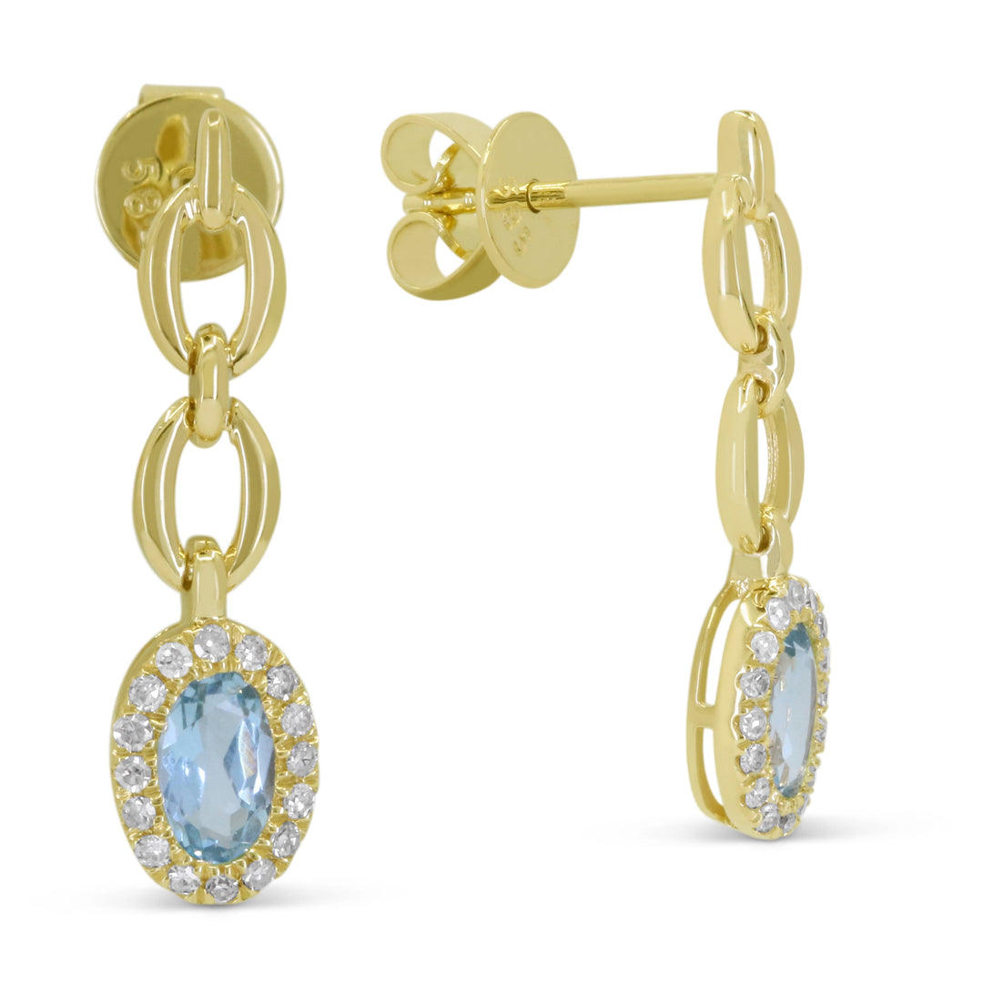 Beautiful Hand Crafted 14K Yellow Gold 3X5MM Blue Topaz And Diamond Essentials Collection Drop Dangle Earrings With A Push Back Closure