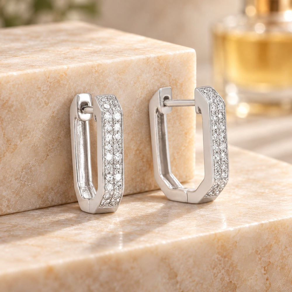 E1825 - 14K Gold Diamond Paperclip Hoop Earrings