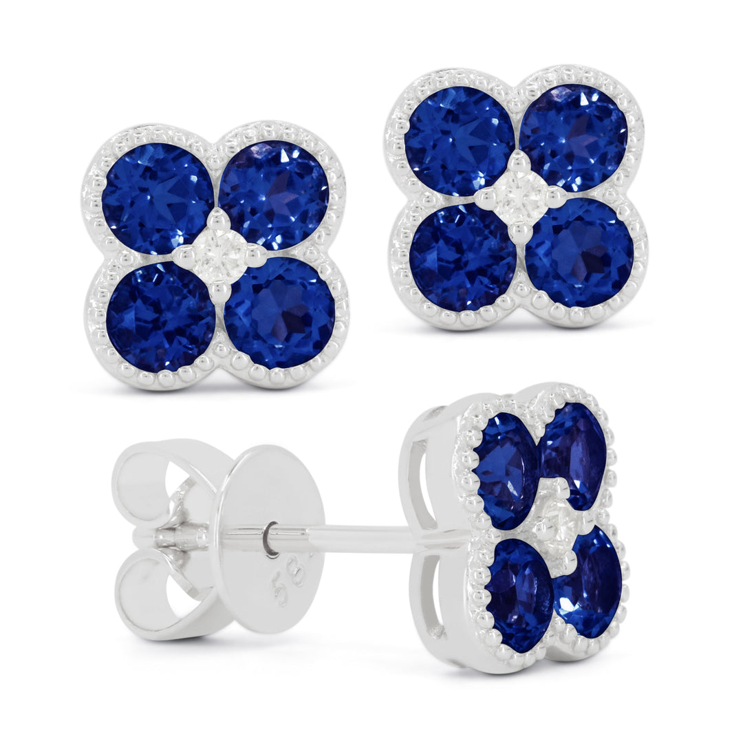 Beautiful Hand Crafted 14K White Gold 3MM Created Sapphire And Diamond Essentials Collection Stud Earrings With A Push Back Closure