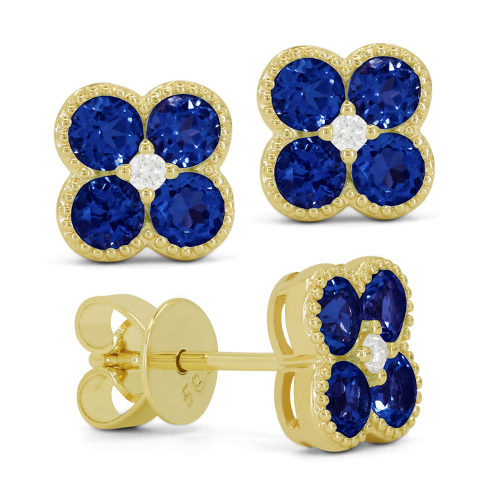 Beautiful Hand Crafted 14K Yellow Gold 3MM Created Sapphire And Diamond Essentials Collection Stud Earrings With A Push Back Closure