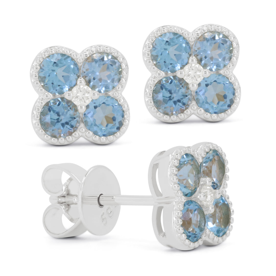 Beautiful Hand Crafted 14K White Gold 3MM Blue Topaz And Diamond Essentials Collection Stud Earrings With A Push Back Closure