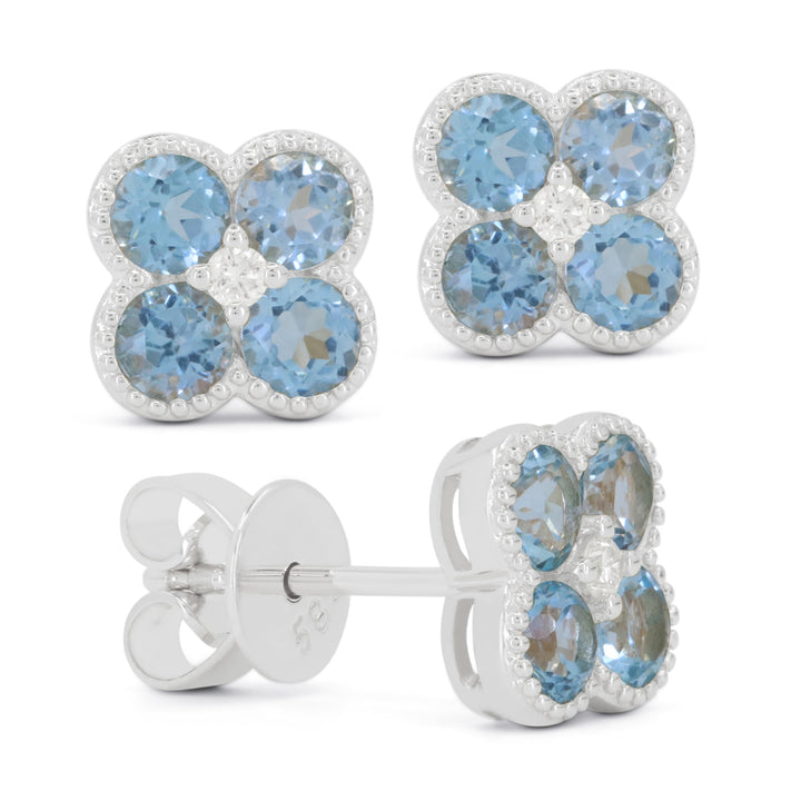 Beautiful Hand Crafted 14K White Gold 3MM Blue Topaz And Diamond Essentials Collection Stud Earrings With A Push Back Closure