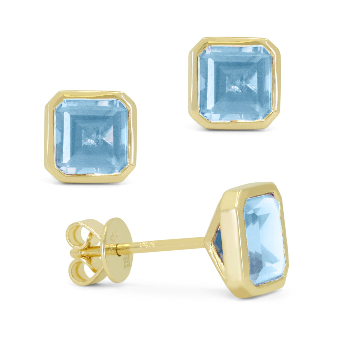 Beautiful Hand Crafted 14K Yellow Gold 6X6MM Blue Topaz And Diamond Essentials Collection Stud Earrings With A Push Back Closure