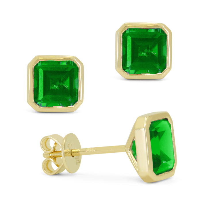 Beautiful Hand Crafted 14K Yellow Gold 6X6MM Created Emerald And Diamond Essentials Collection Stud Earrings With A Push Back Closure