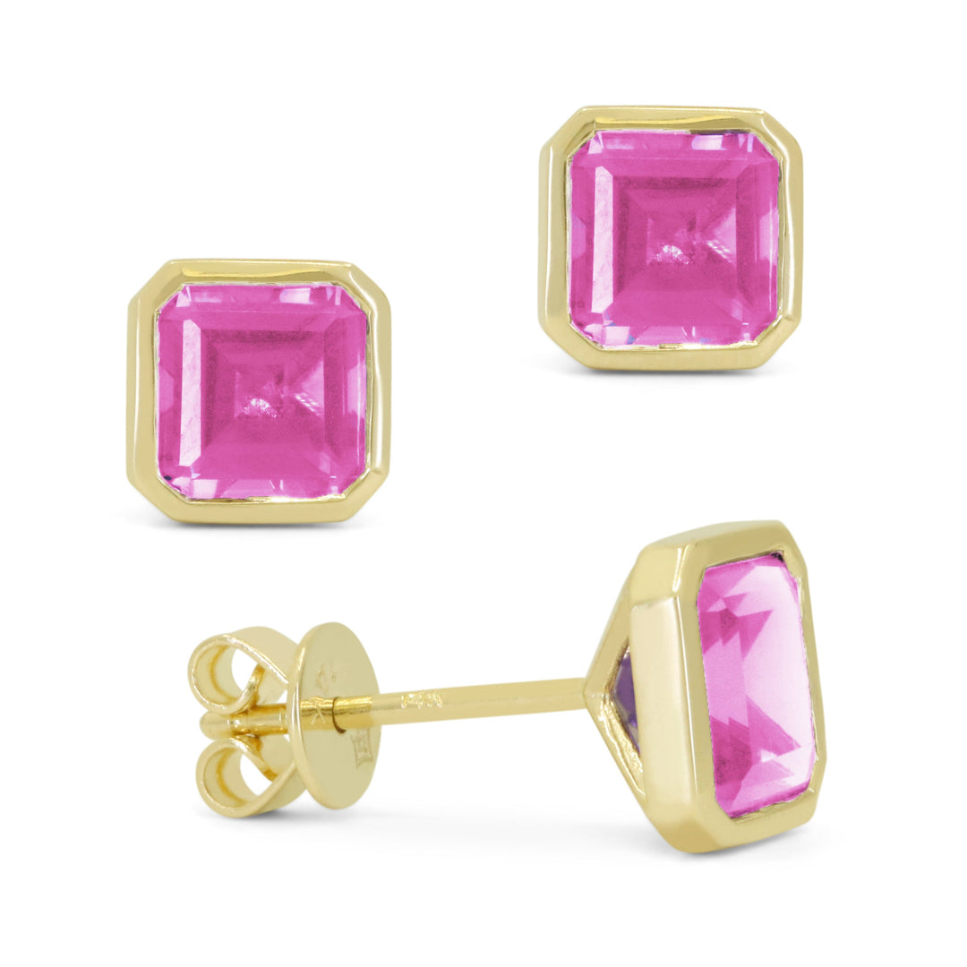 Beautiful Hand Crafted 14K Yellow Gold 6X6MM Created Pink Sapphire And Diamond Essentials Collection Stud Earrings With A Push Back Closure