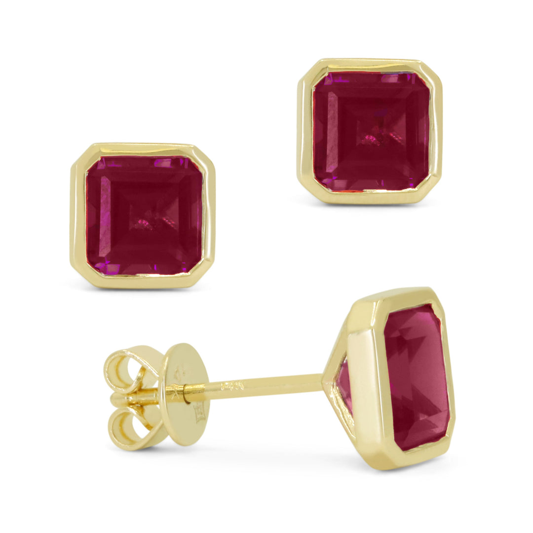 Beautiful Hand Crafted 14K Yellow Gold 6X6MM Created Ruby And Diamond Essentials Collection Stud Earrings With A Push Back Closure