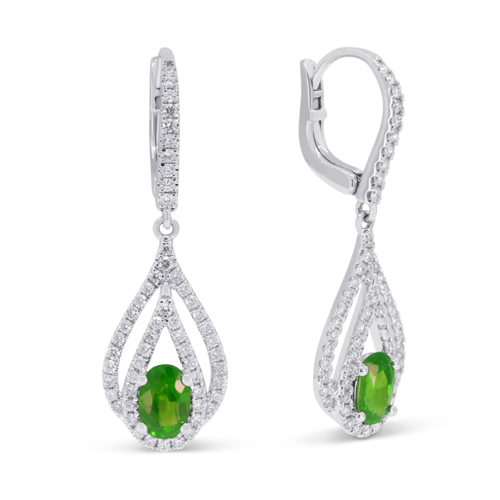 Beautiful Hand Crafted 14K White Gold 4X6MM Emerald And Diamond Arianna Collection Drop Dangle Earrings With A Lever Back Closure