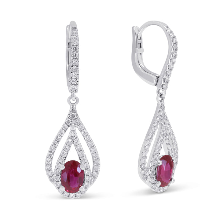 Beautiful Hand Crafted 14K White Gold 4X6MM Ruby And Diamond Arianna Collection Drop Dangle Earrings With A Lever Back Closure