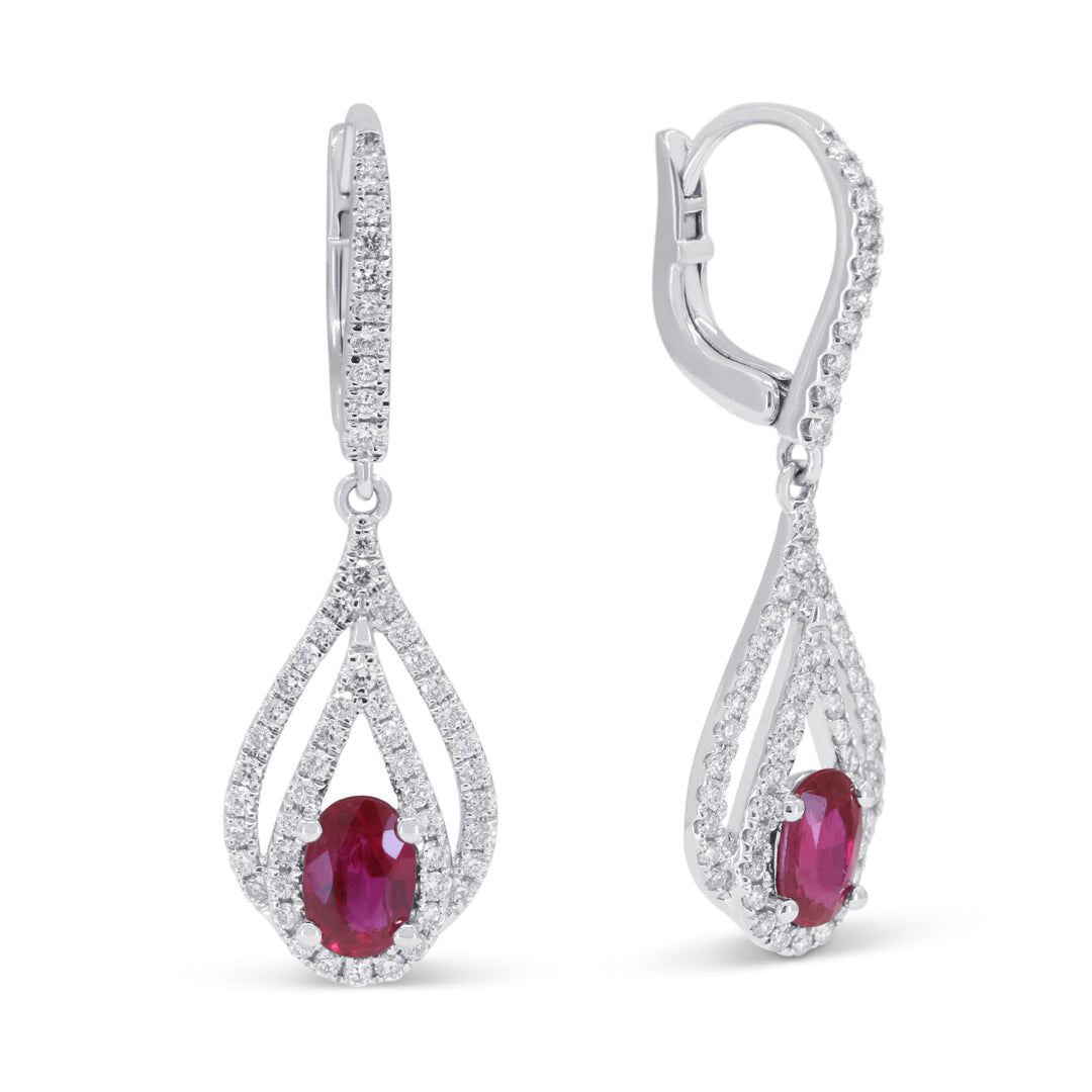 Beautiful Hand Crafted 14K White Gold 4X6MM Ruby And Diamond Arianna Collection Drop Dangle Earrings With A Lever Back Closure