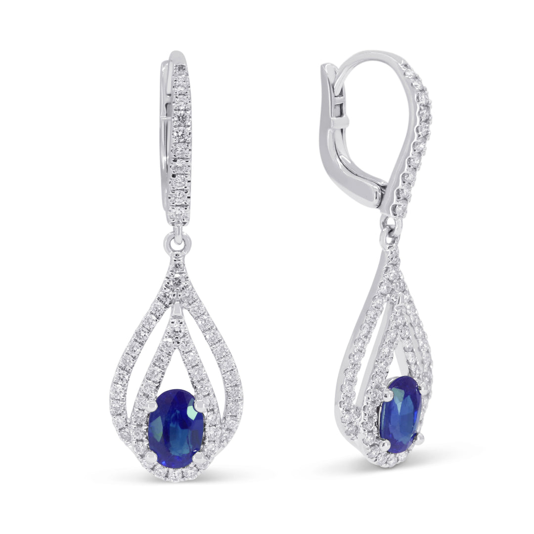 Beautiful Hand Crafted 14K White Gold 4X6MM Sapphire And Diamond Arianna Collection Drop Dangle Earrings With A Lever Back Closure