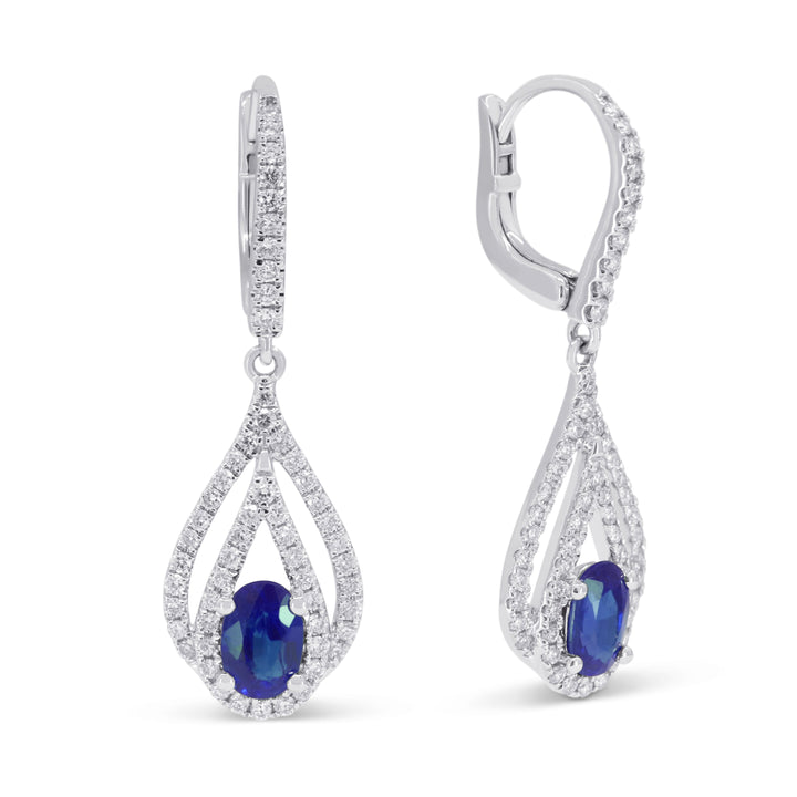 Beautiful Hand Crafted 14K White Gold 4X6MM Sapphire And Diamond Arianna Collection Drop Dangle Earrings With A Lever Back Closure
