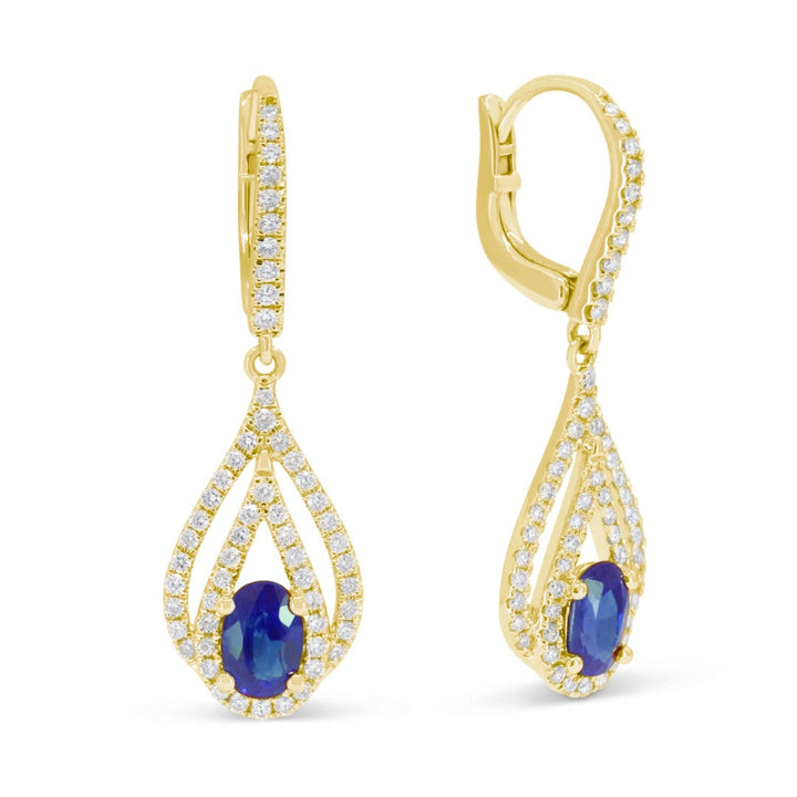 Beautiful Hand Crafted 14K Yellow Gold 4X6MM Sapphire And Diamond Arianna Collection Drop Dangle Earrings With A Lever Back Closure