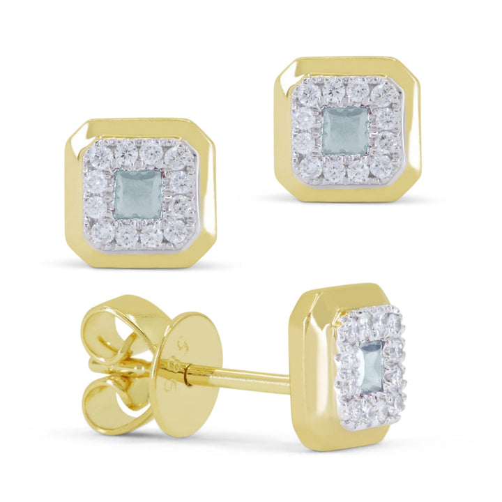 Beautiful Hand Crafted 14K Yellow Gold 3MM Aquamarine And Diamond Essentials Collection Stud Earrings With A Push Back Closure