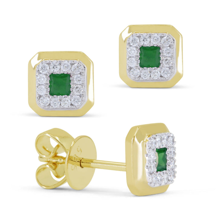 Beautiful Hand Crafted 14K Yellow Gold 3MM Emerald And Diamond Arianna Collection Stud Earrings With A Push Back Closure