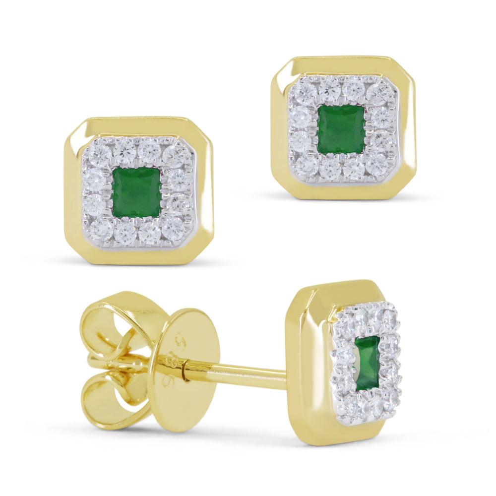 Beautiful Hand Crafted 14K Yellow Gold 3MM Emerald And Diamond Essentials Collection Stud Earrings With A Push Back Closure
