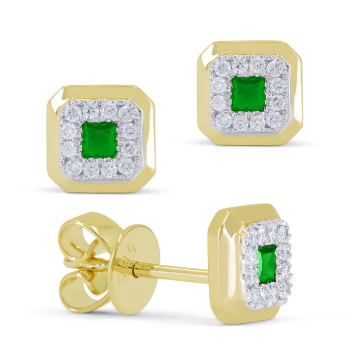 Beautiful Hand Crafted 14K Yellow Gold 3MM Created Emerald And Diamond Essentials Collection Stud Earrings With A Push Back Closure