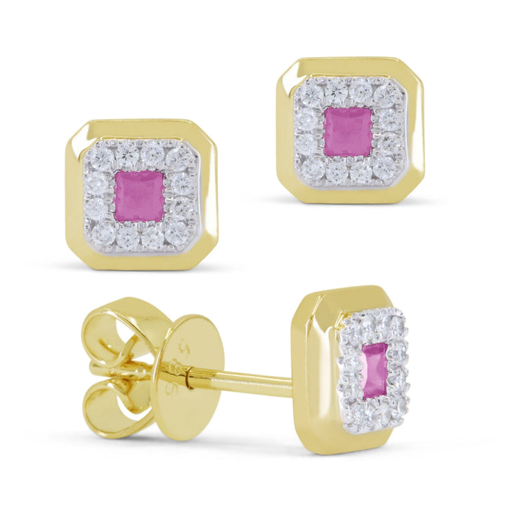Beautiful Hand Crafted 14K Yellow Gold 3MM Created Pink Sapphire And Diamond Essentials Collection Stud Earrings With A Push Back Closure