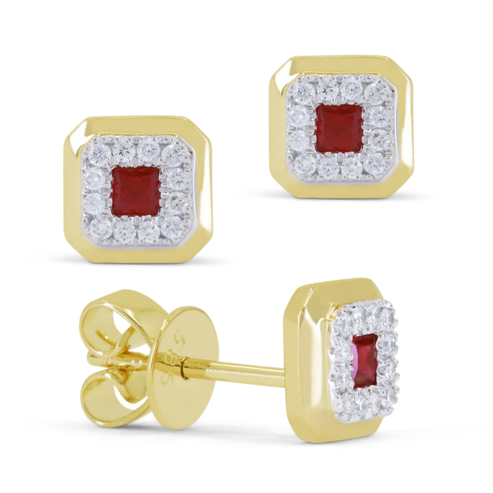 Beautiful Hand Crafted 14K Yellow Gold 3MM Ruby And Diamond Essentials Collection Stud Earrings With A Push Back Closure