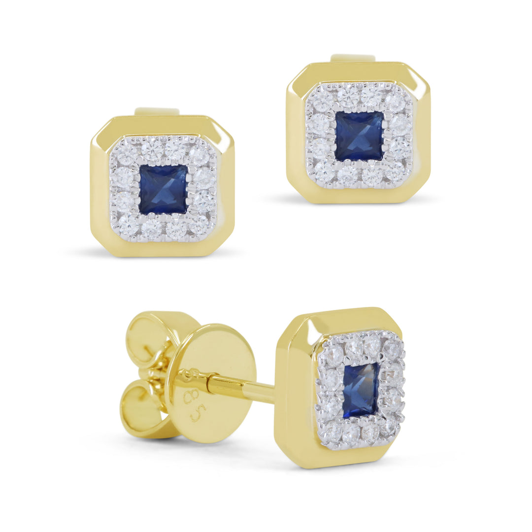Beautiful Hand Crafted 14K Yellow Gold 3MM Sapphire And Diamond Arianna Collection Stud Earrings With A Push Back Closure
