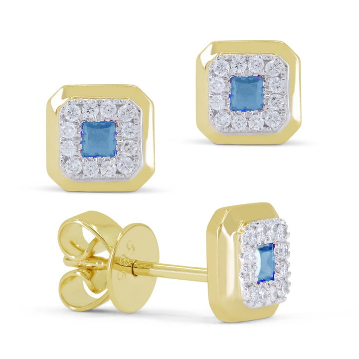 Beautiful Hand Crafted 14K Yellow Gold 3MM Blue Topaz And Diamond Essentials Collection Stud Earrings With A Push Back Closure