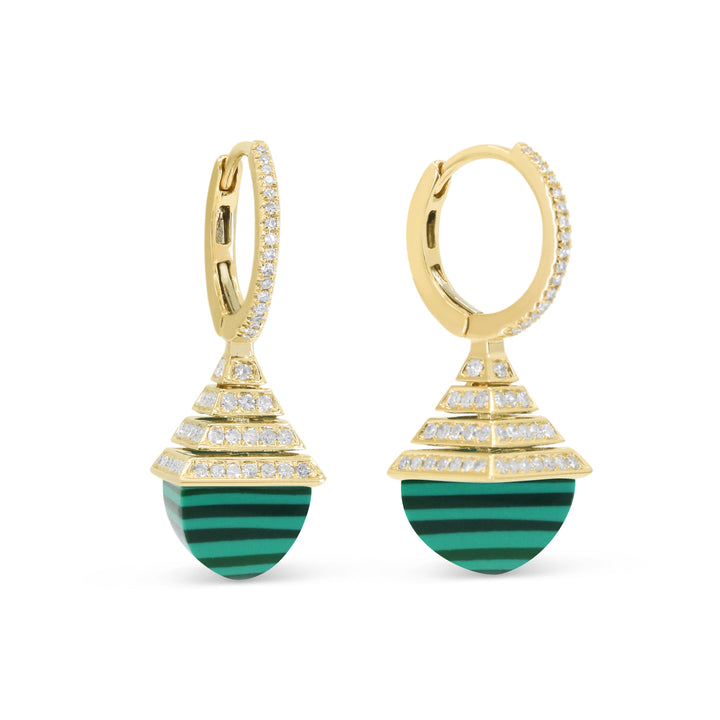 Beautiful Hand Crafted 14K Yellow Gold 7X12MM Malachite And Diamond Eclectica Collection Drop Dangle Earrings With A Lever Back Closure