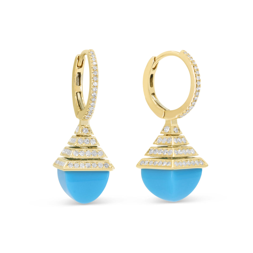 Beautiful Hand Crafted 14K Yellow Gold 7X12MM Turquoise And Diamond Eclectica Collection Drop Dangle Earrings With A Lever Back Closure