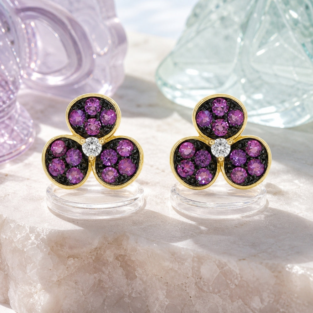 E1844 - 14K Yellow Gold Tsavorite, Pink Sapphire & Sapphire Flower Stud Earrings