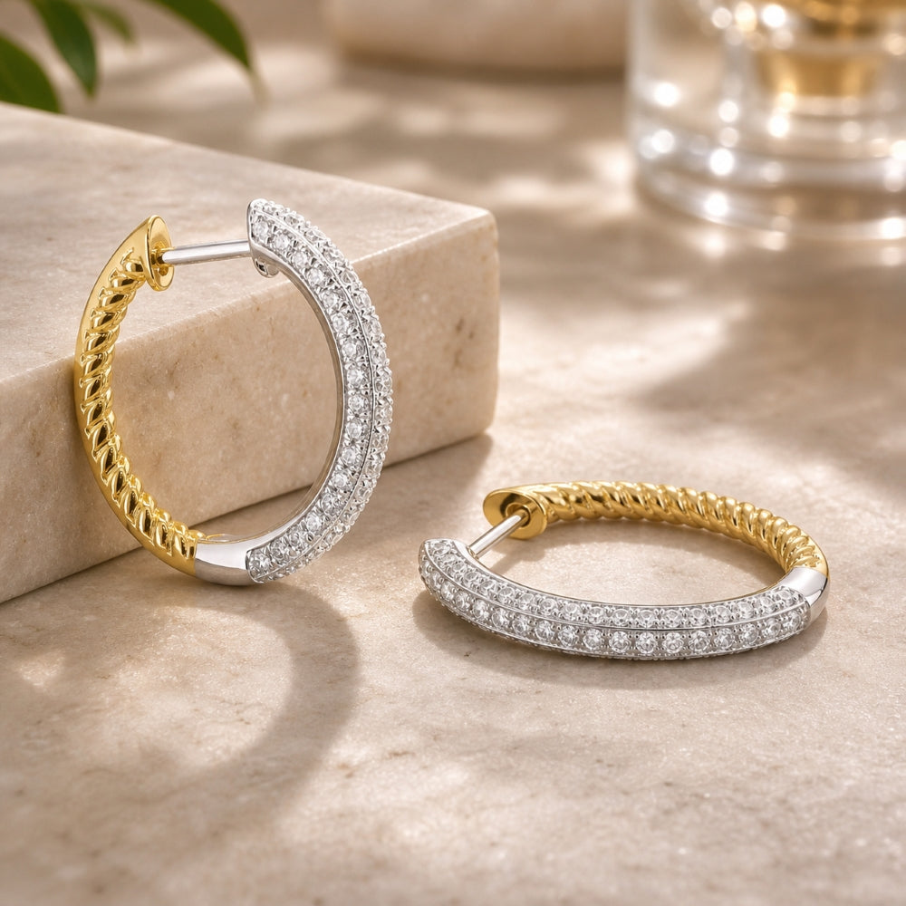 E1845 - 14K Two Tone Gold Diamond In & Out Hoop Earrings