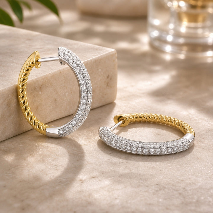 E1845 - 14K Two Tone Gold Diamond In & Out Hoop Earrings