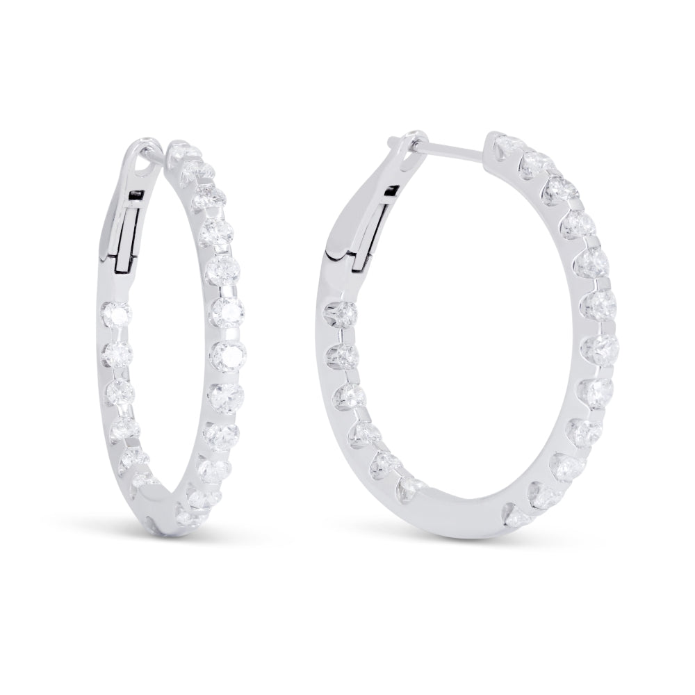 Beautiful Hand Crafted 14K White Gold White Diamond Milano Collection Hoop Earrings With A Hoop Closure