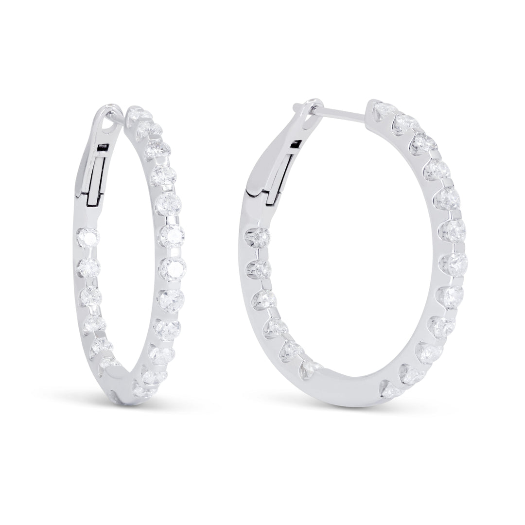 Beautiful Hand Crafted 14K White Gold White Diamond Milano Collection Hoop Earrings With A Hoop Closure