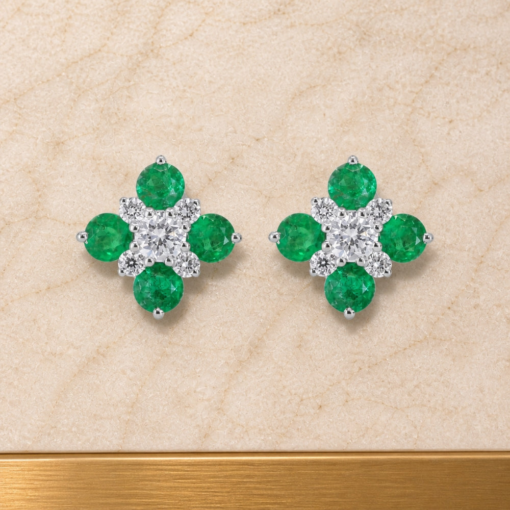 E1848 - 14K Gold Emerald, Ruby & Sapphire Flower Stud Earrings
