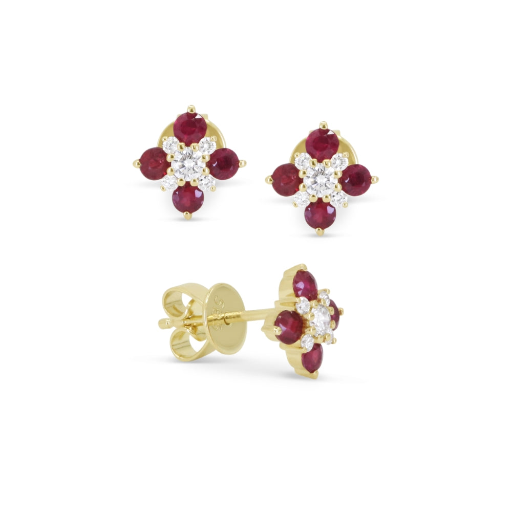 Beautiful Hand Crafted 14K Yellow Gold  Ruby And Diamond Arianna Collection Stud Earrings With A Push Back Closure