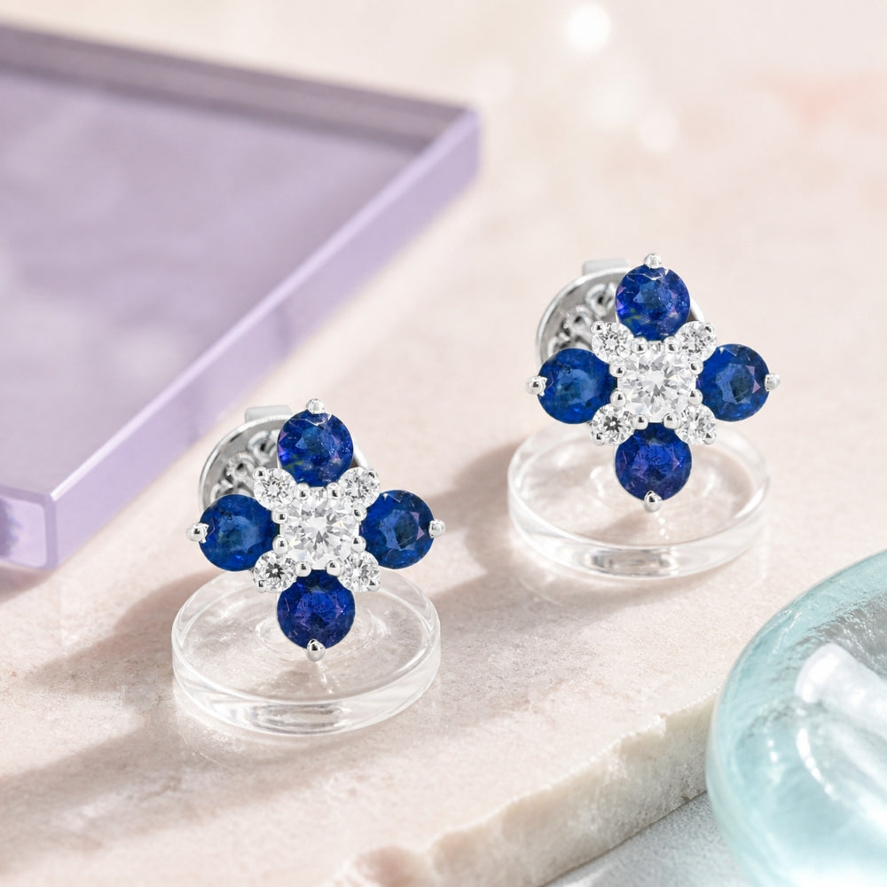 E1848 - 14K Gold Emerald, Ruby & Sapphire Flower Stud Earrings