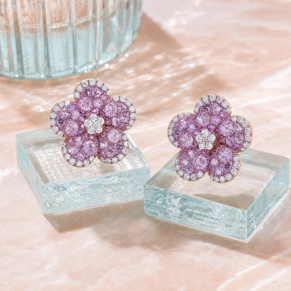 E1852 - 14K Gold Pink Sapphire, Ruby & Sapphire Flower Stud Earrings
