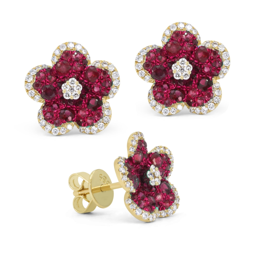 Beautiful Hand Crafted 14K Yellow Gold  Ruby And Diamond Arianna Collection Stud Earrings With A Push Back Closure