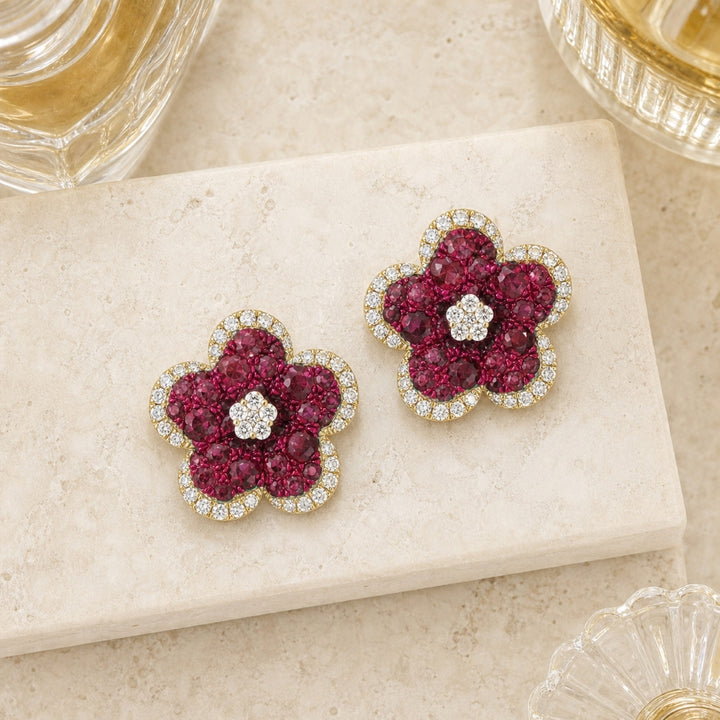 E1852 - 14K Gold Pink Sapphire, Ruby & Sapphire Flower Stud Earrings