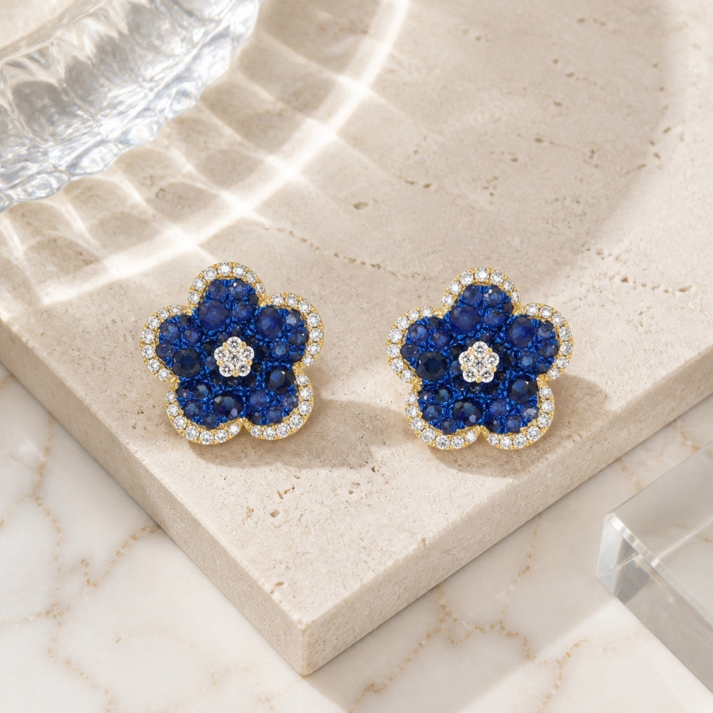 E1852 - 14K Gold Pink Sapphire, Ruby & Sapphire Flower Stud Earrings
