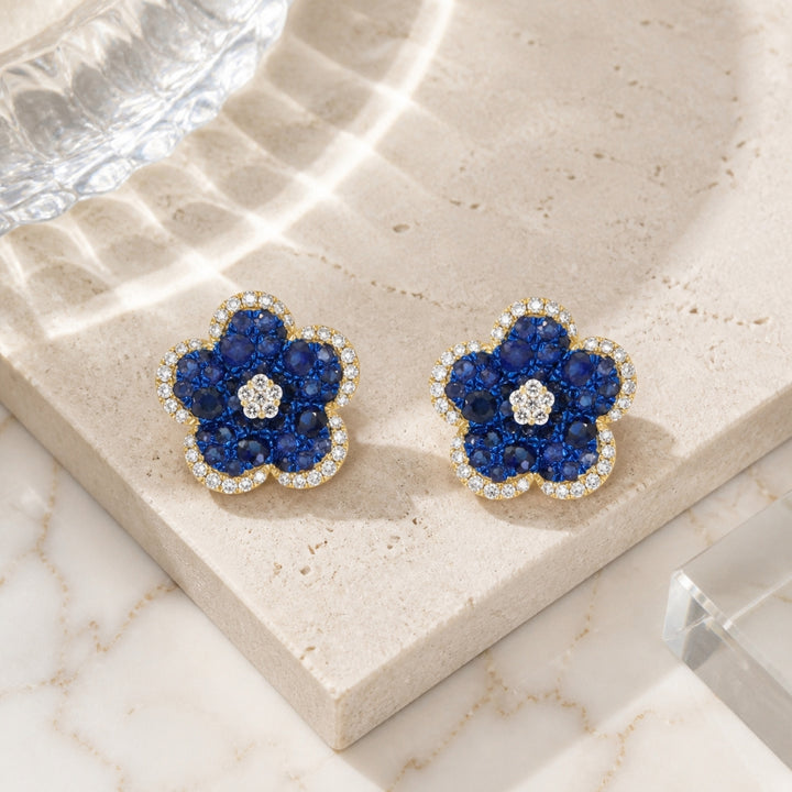 E1852 - 14K Gold Pink Sapphire, Ruby & Sapphire Flower Stud Earrings